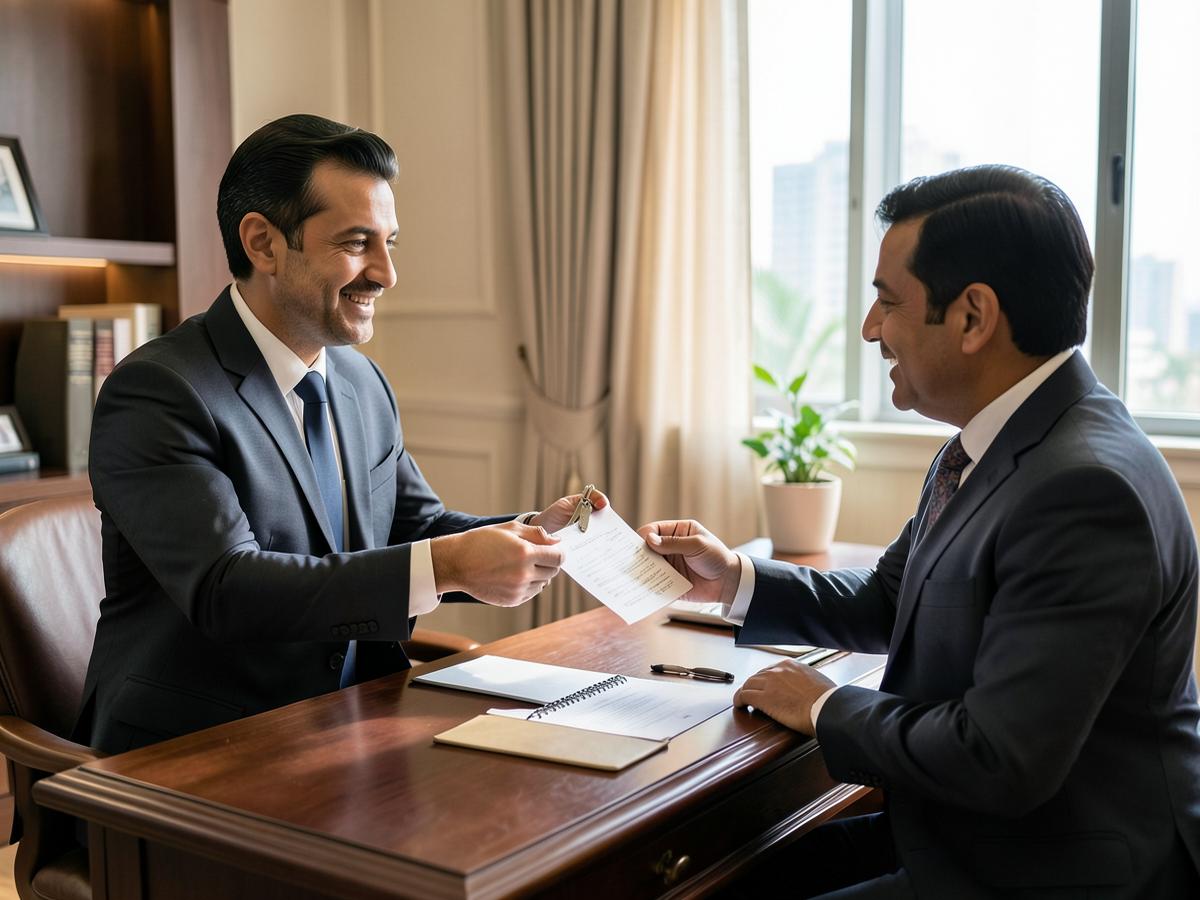 Property consultant handing over keys and documents to a client in Karachi