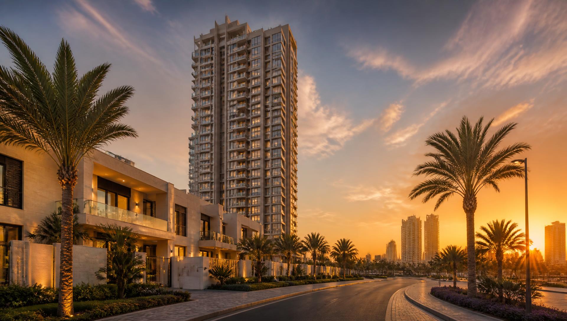 Luxury residential tower and villas in Karachi at golden hour